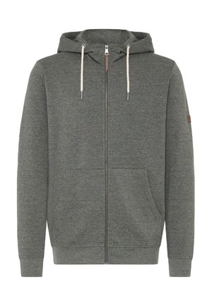 Gray zip-up hoodie with a drawstring hood, two front pockets, ribbed cuffs, and a leather logo patch on the left sleeve. Soft fabric texture.