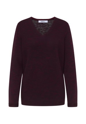 Pull à col en V à manches longues en bordeaux foncé avec de subtiles rayures horizontales, fabriqué à partir d'un textile doux avec une finition texturée.