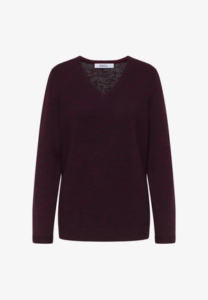 V-Ausschnitt, langärmliger Pullover in dunkelburgunderrot mit dezenten horizontalen Streifen, gefertigt aus einem weichen Stoff mit strukturierter Oberfläche.