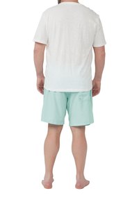 Witte, kortomatige t-shirt gecombineerd met muntgroene zwemshorts. De t-shirt heeft een eenvoudig ontwerp; de shorts hebben een achterzak.