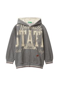 Grijze zip-up hoodie met crèmekleurige tekst "University State 10", voorzakken, gestreepte boorden en een capuchon met crèmekleurige voering.