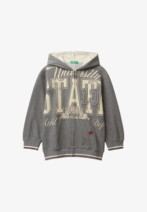 Grijze zip-up hoodie met crèmekleurige tekst "University State 10", voorzakken, gestreepte boorden en een capuchon met crèmekleurige voering.