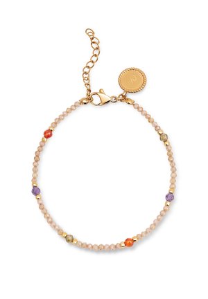 Bracciale con perle di pesco traslucido, impreziosito da dettagli arancioni, viola e dorati. Dotato di gancio a farfalla dorato e catena di estensione.