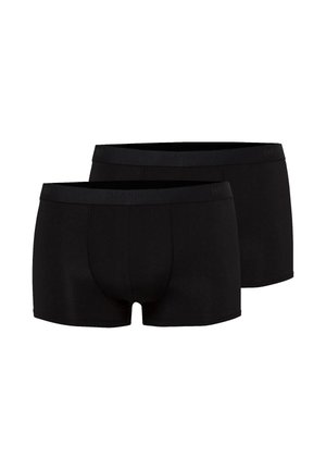 To par almindelige sorte boksershorts til mænd med elastiske linninger, vist mod en hvid baggrund.