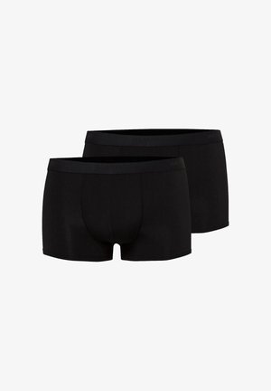 Zwei Paar schlichte schwarze Herren-Boxershorts mit elastischen Bund, vor einem weißen Hintergrund dargestellt.