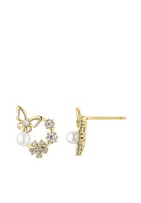 Goldfarbene Ohrstecker mit einem Schmetterlingsdesign, Blumenakzenten und einer Perlenperle, verziert mit klaren Strasssteinen für zusätzliche Details.
