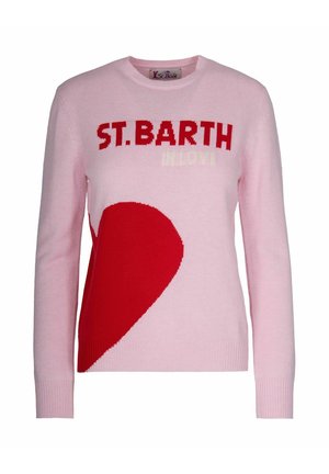 Maglione rosa lavorato a maglia con la scritta "ST. BARTH IN LOVE" in grassetto rosso, con un grande cuore rosso sul davanti e polsini a coste.