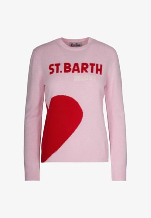 Maglione rosa lavorato a maglia con la scritta "ST. BARTH IN LOVE" in grassetto rosso, con un grande cuore rosso sul davanti e polsini a coste.