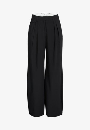 Pantaloni neri a gamba larga con pieghe frontali, vita alta e trama liscia. Design minimalista senza motivi visibili.