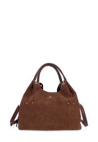 Borsa a tracolla in suede marrone con una texture morbida, dotata di manici in pelle marrone, accessori in metallo dorato e tracolla regolabile.
