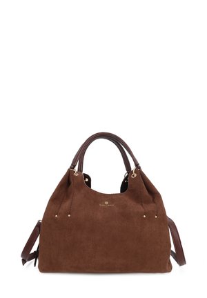 Borsa a tracolla in suede marrone con una texture morbida, dotata di manici in pelle marrone, accessori in metallo dorato e tracolla regolabile.