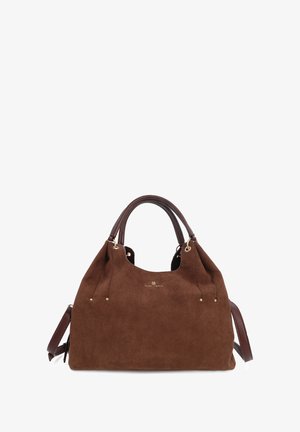 Borsa a tracolla in suede marrone con una texture morbida, dotata di manici in pelle marrone, accessori in metallo dorato e tracolla regolabile.