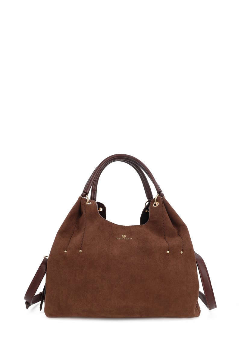 Borsa a tracolla in suede marrone con una texture morbida, dotata di manici in pelle marrone, accessori in metallo dorato e tracolla regolabile.