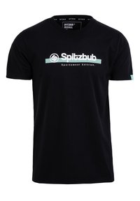 Black cotton t-shirt with short sleeves, featuring a white and teal logo text "Spitzbub Sportswear Edition" across the front.