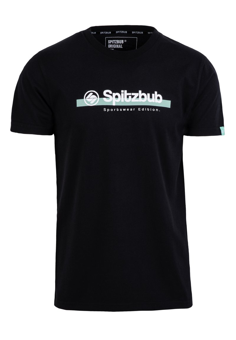 Black cotton t-shirt with short sleeves, featuring a white and teal logo text "Spitzbub Sportswear Edition" across the front.