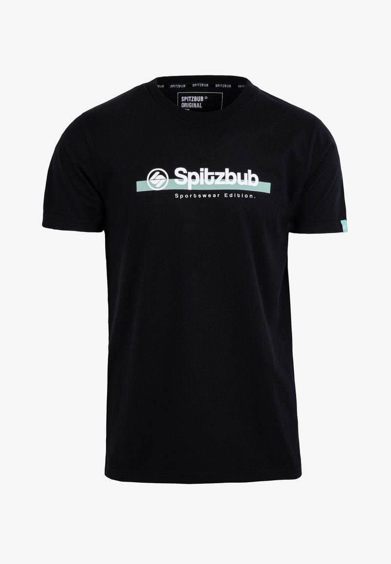 Zwarte katoenen t-shirt met korte mouwen, voorzien van een witte en teal logo tekst "Spitzbub Sportswear Edition" op de voorkant.