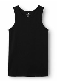 Débardeur sans manches noir en tissu lisse, avec un col rond et un ourlet droit. Design simple sans motifs ni accents.