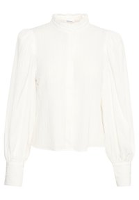 Witte blouse met lange mouwen, een gerimpelde hoge halslijn, textuurstof en volumineuze mouwen, met knoopsluitingen aan de voorkant en bij de manchetten.