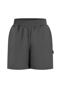 Grijze sportieve shorts met een elastische tailleband, een gladde textuur en zijzakken, ontworpen voor comfort en bewegingsvrijheid.