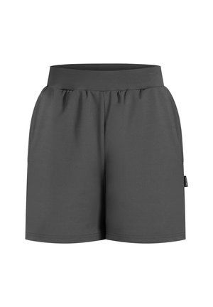 Grå atletiske shorts med elastisk talje, glat tekstur og sidelommer, designet til komfort og bevægelsesfrihed.