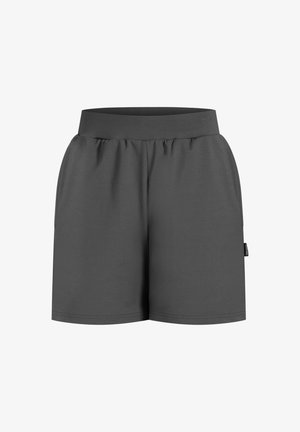 Grå atletiske shorts med elastisk talje, glat tekstur og sidelommer, designet til komfort og bevægelsesfrihed.