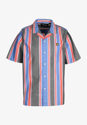 Lyhythihainen napillinen paita, jossa on pystysuorat raidat punaisena, sinisenä ja harmaana, kauluskäänteet ja pieni logolaatta.