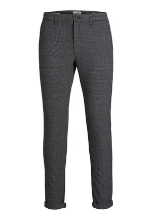 Slim-fit herenbroek met zwart-wit klein ruitpatroon, knoopsluiting en omgeslagen zoom.
