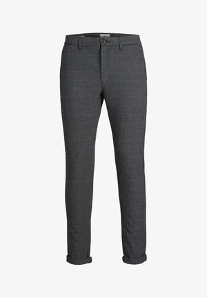 Slim-fit herenbroek met zwart-wit klein ruitpatroon, knoopsluiting en omgeslagen zoom.