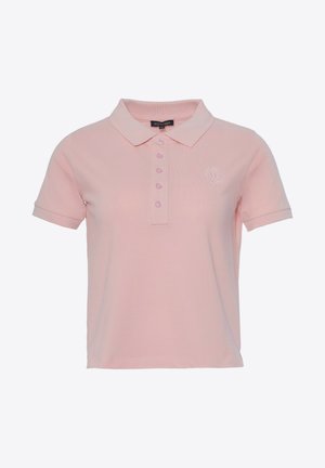 Růžová polo košile s límcem, pěticípu zapínáním a krátkými rukávy. Na levé části hrudi je vyšitý logo. Texturovaná tkanina.