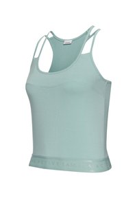 Mintgrünes Sport-Tanktop mit taillierter Passform, dünnen Trägern und einem elastischen, gebrandeten Bund. Weiches, dehnbares Material für hohen Komfort.