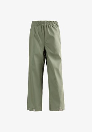 Hellgrüne, wasserdichte Hose mit elastischem Bund und Druckknöpfen an den Beinabschlüssen, von vorne vor weißem Hintergrund gezeigt.