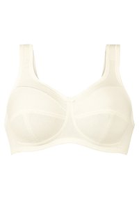 Soutien-gorge blanc, sans couture, avec des larges bretelles, un soutien-gorge à armatures et un tissu texturé. Il présente un nœud central et des coutures renforcées.