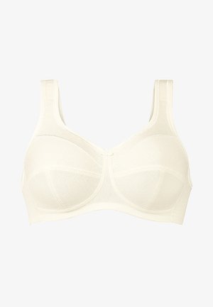 Biała, bezszwowa bielizna z szerokimi ramiączkami, wsparciem w postaci fiszbin i fakturowanej tkaniny. Zawiera centralny detal w postaci kokardki i wzmocnione szwy.