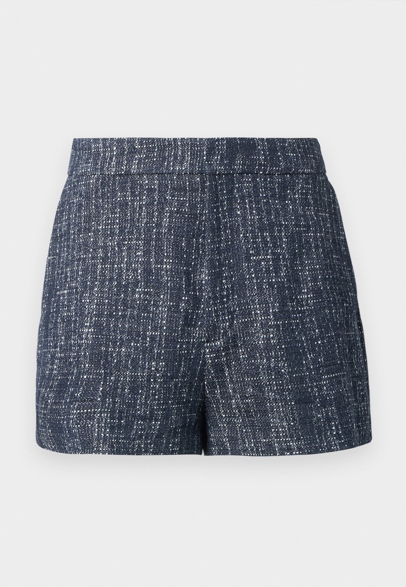 Dunkelblaue Shorts aus strukturiertem Stoff, mit einem dezenten Muster und einem flachen Taillenbund. Minimalistisches Design ohne Taschen.