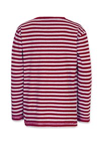 Long-sleeve shirt featuring red and gray horizontal stripes, made from a soft cotton blend, with a round neckline and stitched hem.