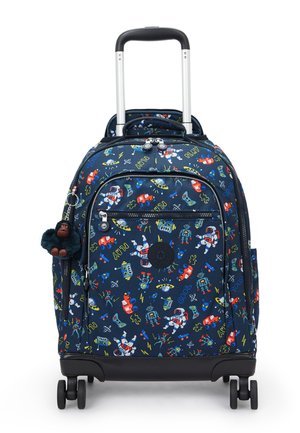 Zaino con ruote in tessuto blu marina caratterizzato da stampe colorate a tema spaziale, dettagli neri e un charm a forma di scimmia in peluche attaccato.