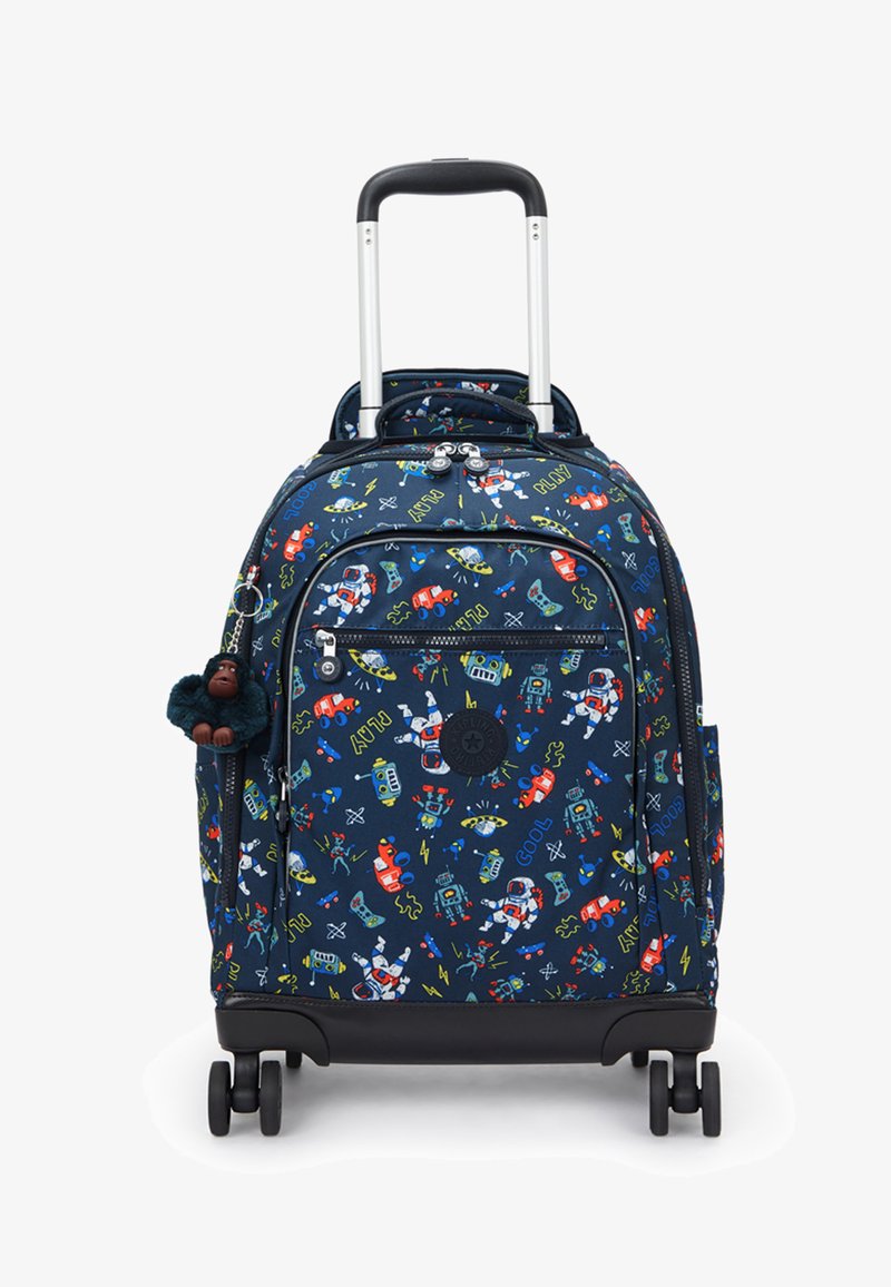 Zaino con ruote in tessuto blu marina caratterizzato da stampe colorate a tema spaziale, dettagli neri e un charm a forma di scimmia in peluche attaccato.
