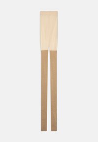 Beige tights with a textured, shimmering brown band at the bottom. The top is sheer with a smooth finish, symmetrical design, and slim shape.