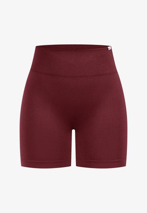 Burgundy athletic shorts with a wide ribbed waistband, made of smooth fabric; ends are neatly hemmed for a streamlined finish.