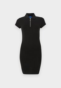 Musthave musta sobiv polo kleit, lühikesed varrukad, tõmbluku detail kaeluses, valmistatud siledast kangast, kohandatud siluett.