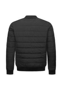 Czarna puchowa kurtka z poziomym przeszyciem, prążkowanym kołnierzem i mankietami oraz gładką, błyszczącą fakturą na zewnątrz.