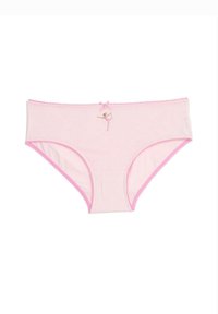 Roze katoenen hipster onderbroek met een golvende rand, voorzien van een klein balletdanseres motief en een decoratieve roze strik bij de tailleband.