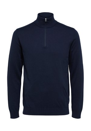 Granatowy sweter z długim rękawem i zamkiem na szyi, wykonany z teksturowanej tkaniny. Ma wysoki kołnierz i dopasowane mankiety, minimalistyczny design bez wzorów.