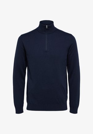 Marineblauwe, langarm, rits-mouwtrui met een gestructureerde stof. Heeft een hoge kraag en aansluitende manchetten, minimalistisch ontwerp zonder patronen.