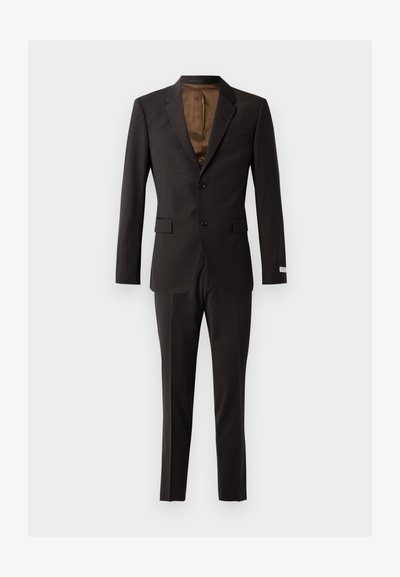 Dark brown suit with a single-breasted blazer featuring two buttons, notched lapels, and flat-front trousers. Smooth texture, tailored fit.
