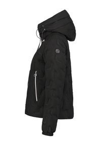 Schwarze Daunenjacke mit Kapuze, ausgestattet mit einem Reißverschluss auf der Vorderseite, elastischen Bündchen und einer gewebten Struktur. Verziert mit einem Logo auf dem Ärmel.