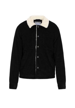 Schwarze Cordjacke mit einem hellen Kunstfellkragen, vorderem Knopfverschluss und zwei Brusttaschen mit strukturiertem Finish.
