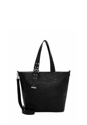 Sac fourre-tout en cuir noir avec une finition texturée, doté d'une fermeture éclair en haut, de deux poignées et d'une bandoulière réglable.