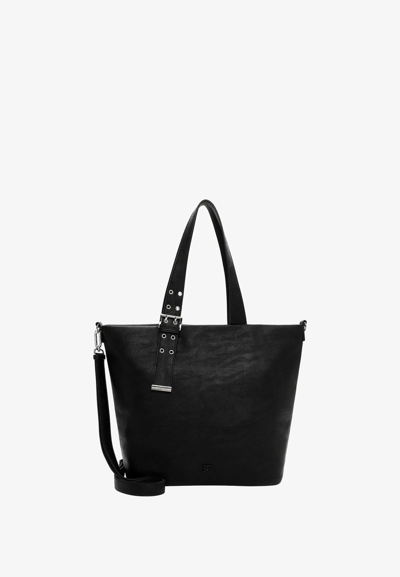 Must musta kott mustast nahast, millel on tekstuuriga viimistlus, ülemine tõmblukk, kaks käepidet ja reguleeritav õlarihm.