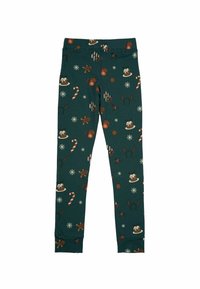 Grüne Leggings aus dehnbarem Stoff, mit einem festlichen Muster aus Lebkuchenmännern, Süßigkeiten, Schneeflocken und Feiertagsmotiven.